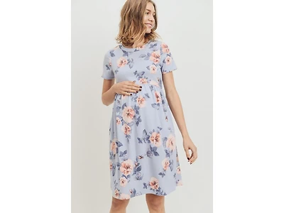 Hello Miz Maternity Floral Print Empire Waist Short Sleeve Knit Dress with Pockets