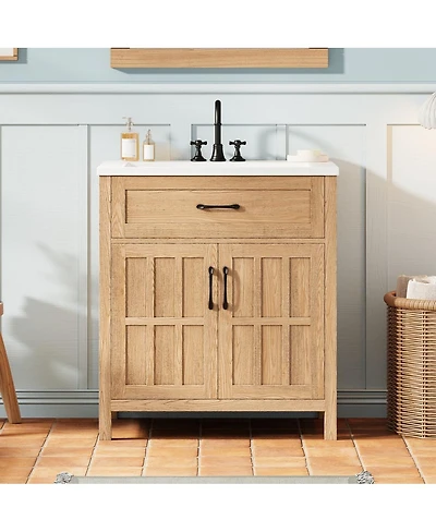 Thirtypeachy 30" Grain Bathroom Vanity With Resin Sink, Adjustable Shelf Door Organizers, Soft-Close Hinges