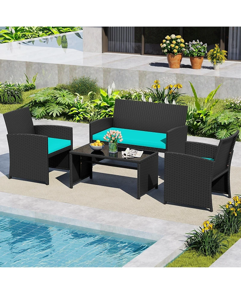 Sugift 4 Piece Patio Furniture Set with Glass Table and Cushions