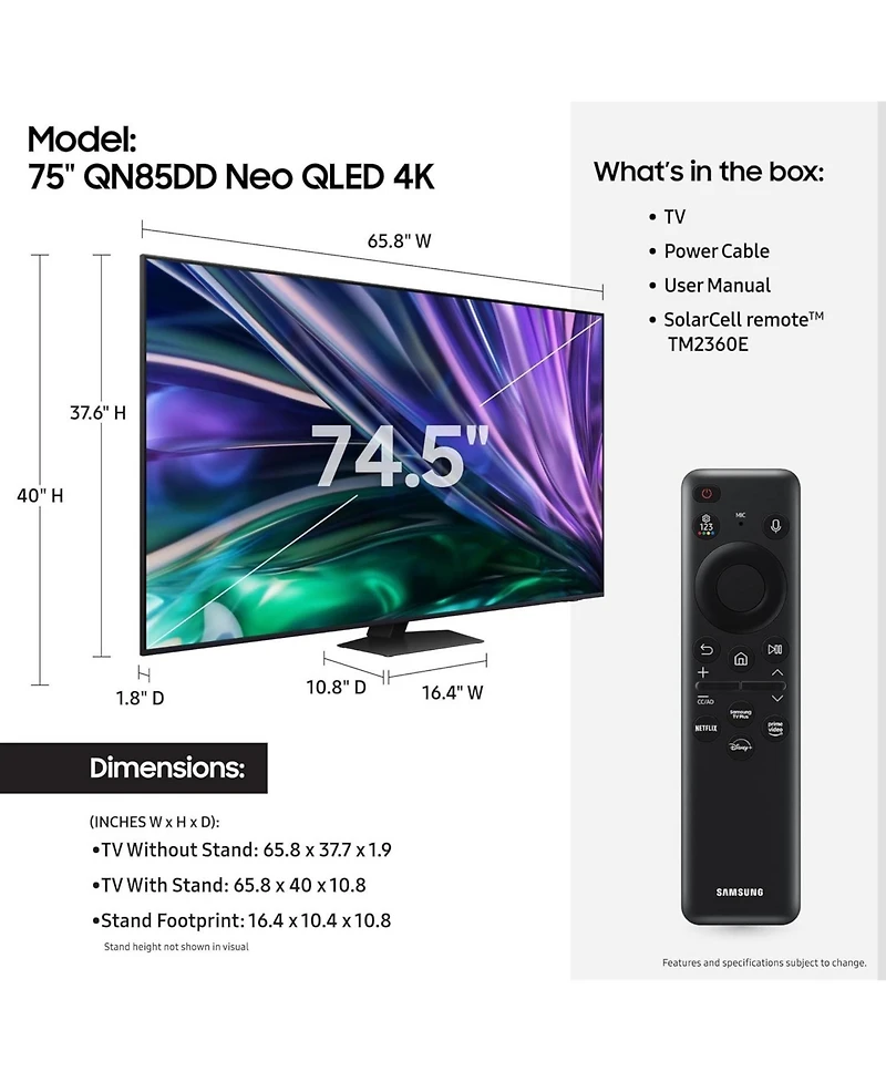 Samsung QN75QN85DDFXZA 75" Neo Qled 4K Uhd Smart Tv with Mini LEDs (2024)