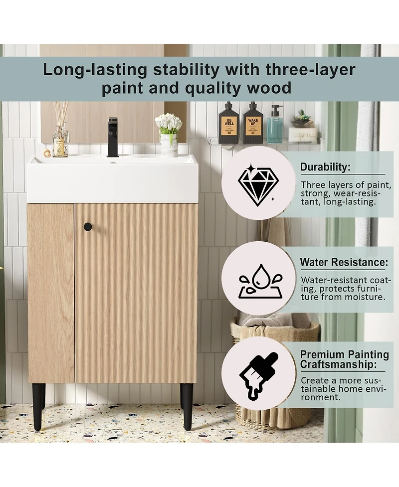 Busdays 21.6" Wood Bathroom vanity, Combo Cabinet, Bathroom Storage Cabinet, Single Ceramic Sink, Left side storage