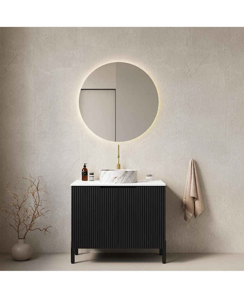 Busdays 30 Inch Freestanding Bathroom Vanity with White Ceramic Sink Stone Pattern Carrara Top 2 Door Storage Cabinet No Faucet