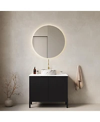 Busdays 30 Inch Freestanding Bathroom Vanity with White Ceramic Sink Stone Pattern Carrara Top 2 Door Storage Cabinet No Faucet