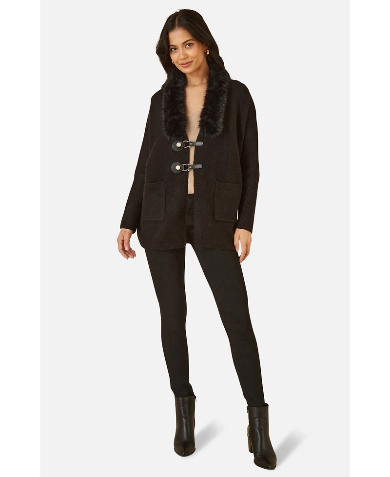 Yumi Women's Detachable Fur Collar Trim Cardigan