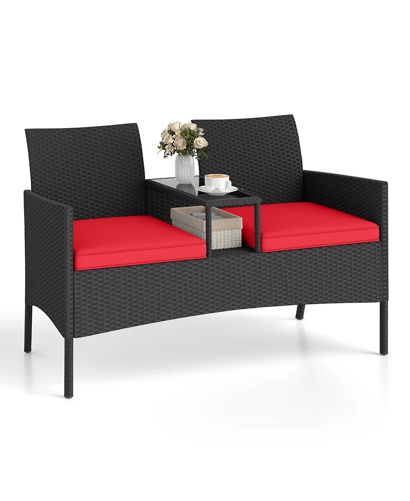 Sugift Patio Loveseat with Built In Table for Backyard or Porch