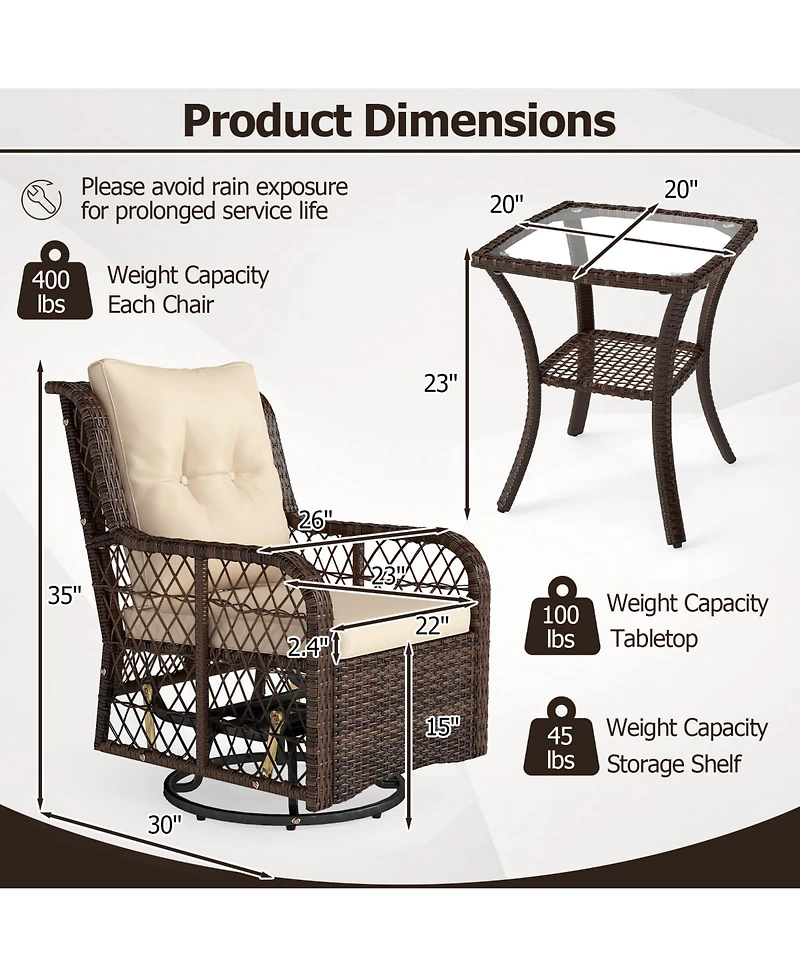 Sugift 3 Piece Patio Wicker Swivel Glider Set with Side Table