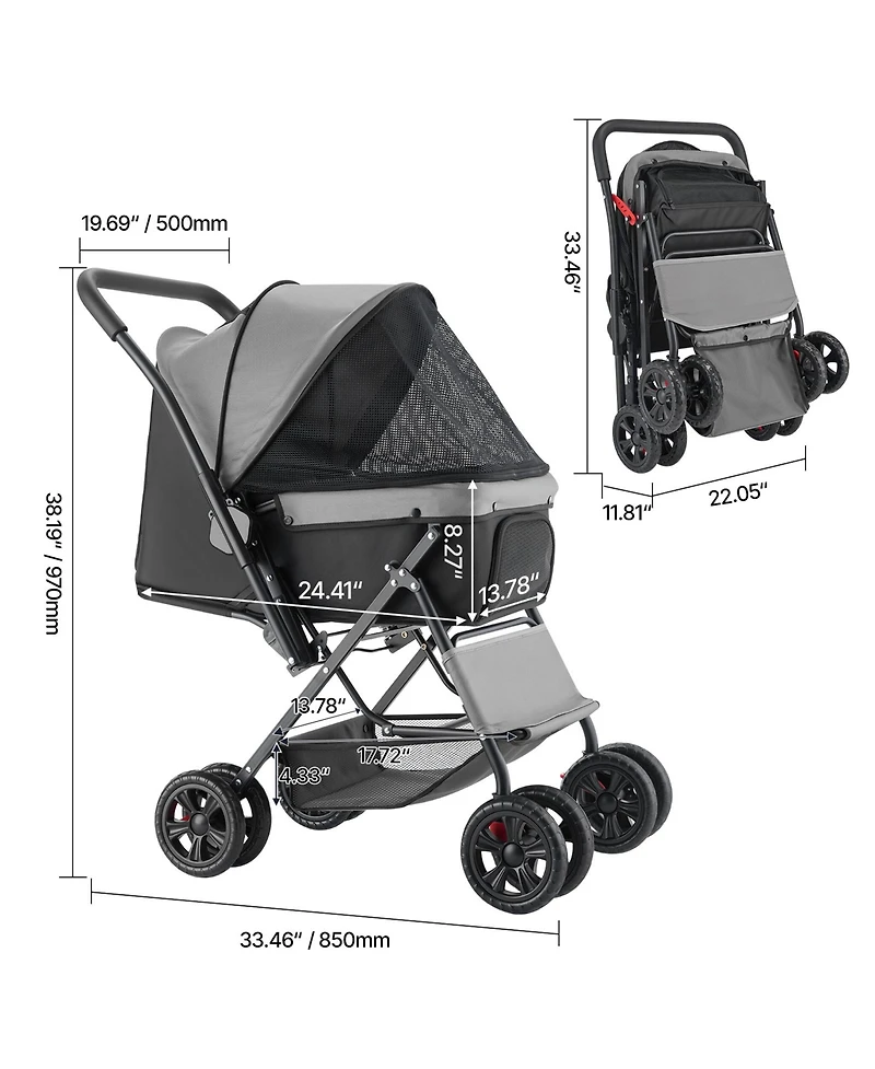 Zeus & Ruta Foldable Cat Stroller 4 Wheel Travel with Reversible Handle 44lb Max