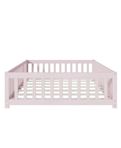 Jujabu Full Rubber Wood Floor Bed with Fence Door and Safety Guardrails