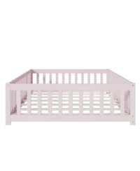 Jujabu Full Rubber Wood Floor Bed with Fence Door and Safety Guardrails