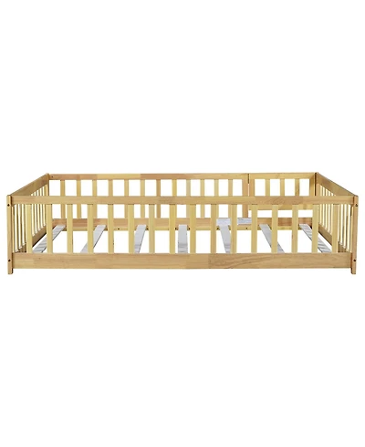 Jujabu Full Rubber Wood Floor Bed with Fence Door and Safety Guardrails