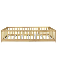 Jujabu Full Rubber Wood Floor Bed with Fence Door and Safety Guardrails