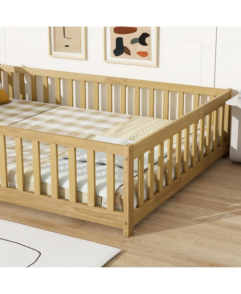 Jujabu Full Rubber Wood Floor Bed with Fence Door and Safety Guardrails
