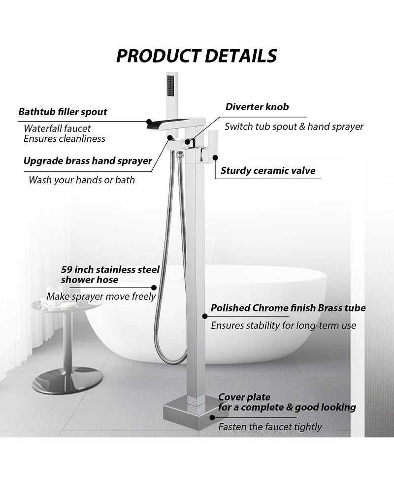 Busdays Bathroom Freestanding Waterfall Tub filler Matte Floor Mount Faucet with Hand Shower