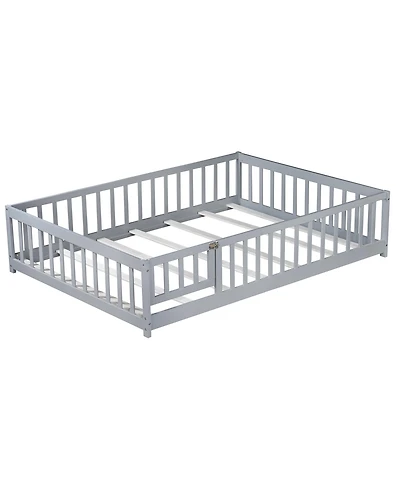 Jujabu Full Rubber Wood Floor Bed with Fence Door and Safety Guardrails