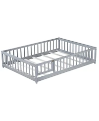 Jujabu Full Rubber Wood Floor Bed with Fence Door and Safety Guardrails