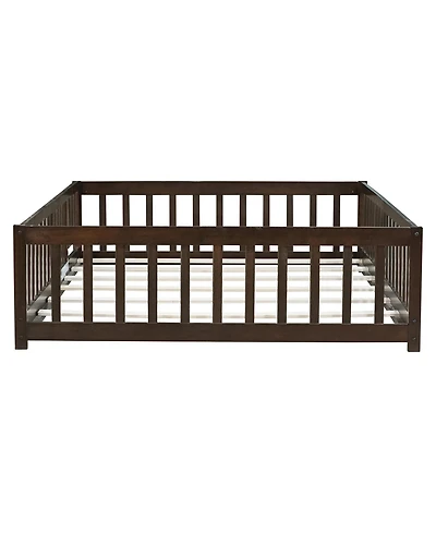 Jujabu Full Rubber Wood Floor Bed with Fence Door and Safety Guardrails