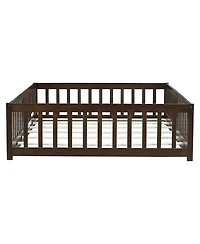 Jujabu Full Rubber Wood Floor Bed with Fence Door and Safety Guardrails