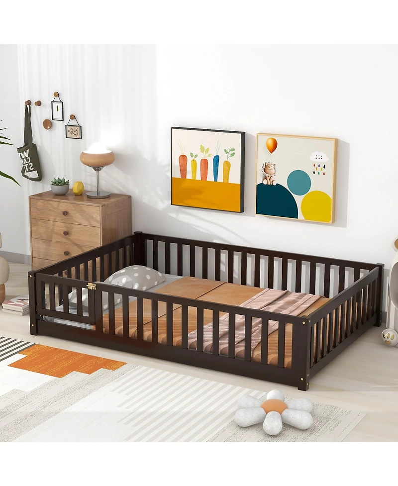 Jujabu Full Rubber Wood Floor Bed with Fence Door and Safety Guardrails