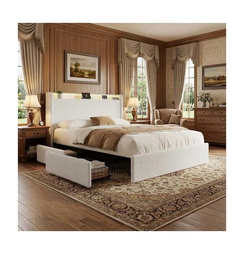 gaomon Boucle Upholstered Platform Bed with Storage Headboard