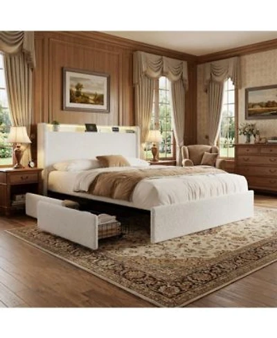 Gaomon Boucle Upholstered Platform Bed With Storage Headboard Drawers Led