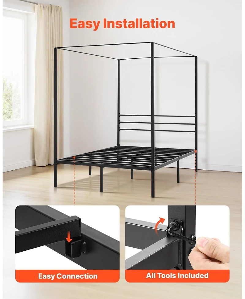Sugift Full Size Canopy Bed Frame, Metal, Heavy Duty Steel Slats, Easy Assembly