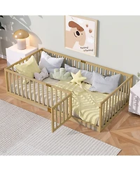Clihome Twin Size Floor Bed with High Fence Railings, with Door