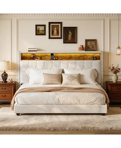 Homfan Bed Frame with Led Lights and Charging Station, Velvet Upholstered and Nailhead Trim Wingback