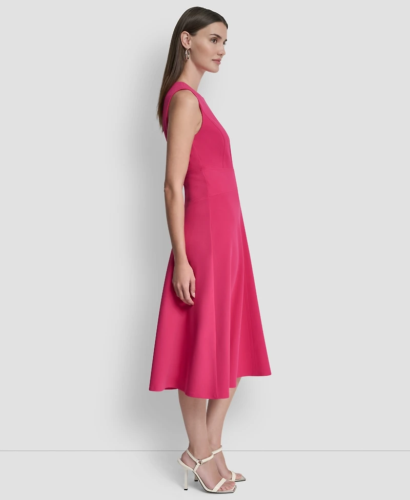 Dkny Women's Sleeveless Jewel Neck Fit and Flare Scuba Crepe Midi Dress