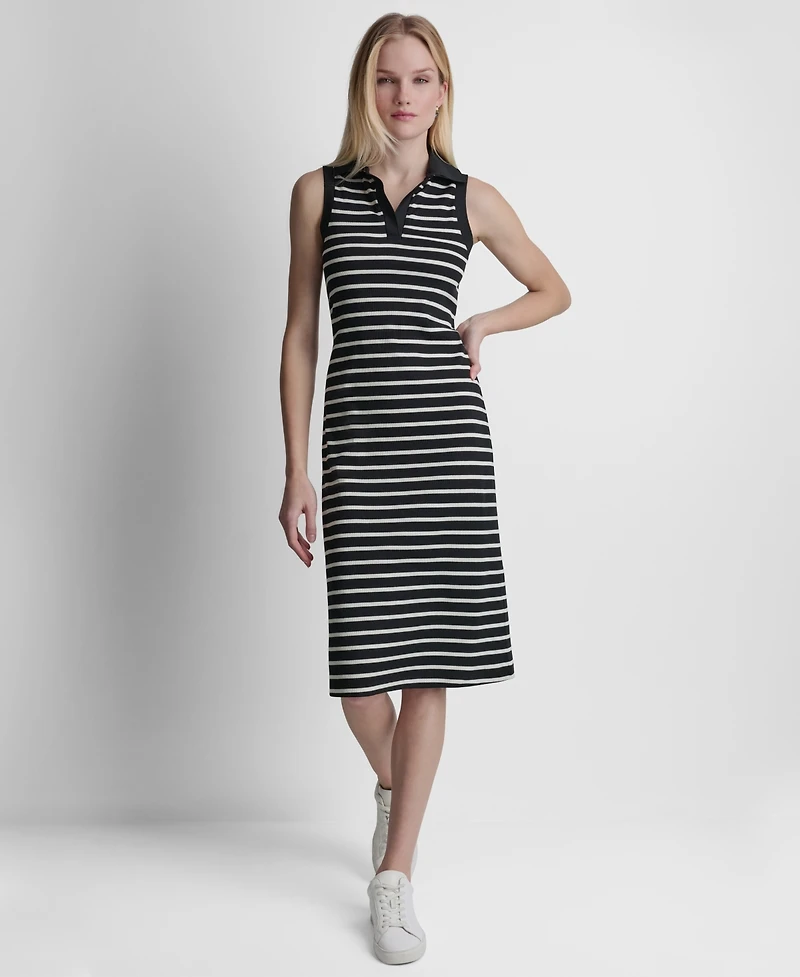 Dkny Women's Striped Sleeveless Collared Polo Midi Dress