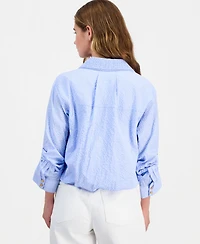 Democracy Petite Smocked Collar Bubble-Hem Striped Collared Shirt