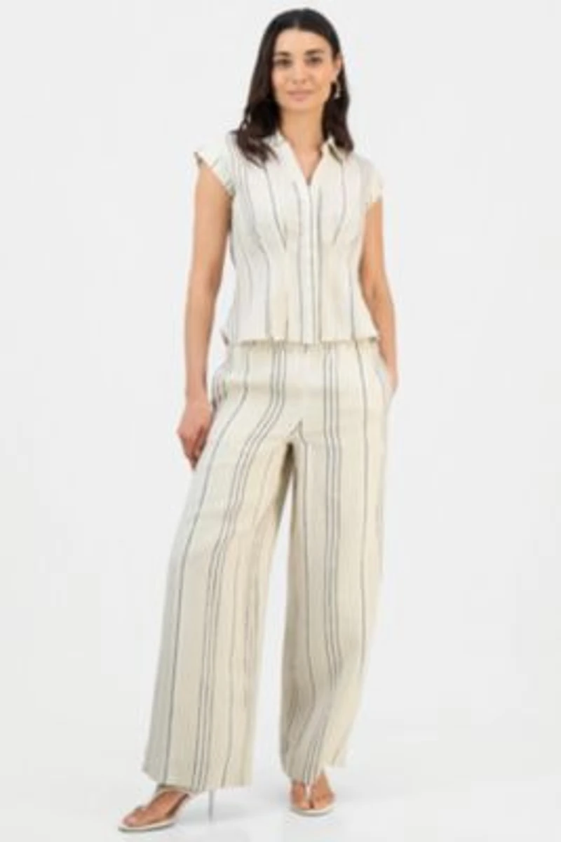 I.N.C. International Concepts Petite Short Sleeve Collared Button Up Blouse Wide Leg Pull On Pants Exclusively At Macys