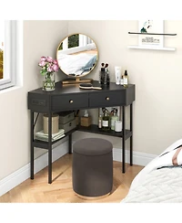 Gouun Triangle Corner Desk with Charging Station, 2 Drawers and Storage Shelf