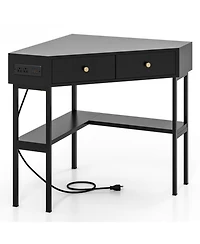 Gouun Triangle Corner Desk with Charging Station, 2 Drawers and Storage Shelf