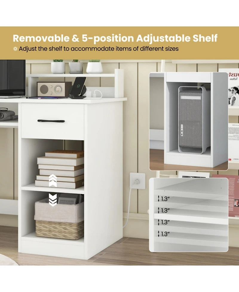 Gouun White Home Office Desk with Charging Station, Keyboard Tray and Adjustable Shelf