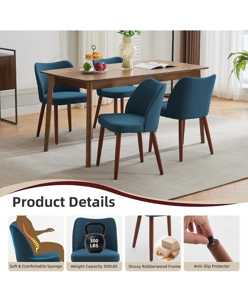 Dining Chair Set of 4, Linen Upholstered with Solid Wood Legs, Wing Backrest, Wooden Kitchen