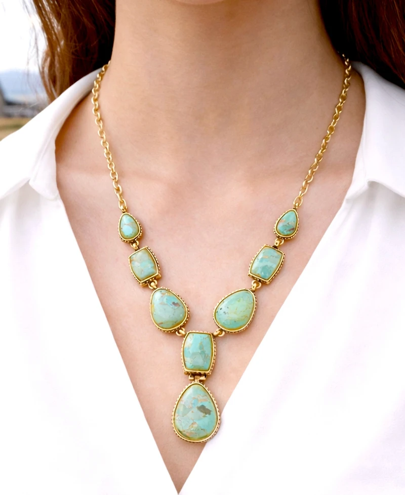 Barse Genuine Blue Turquoise Roped Golden Bronze Y Necklace