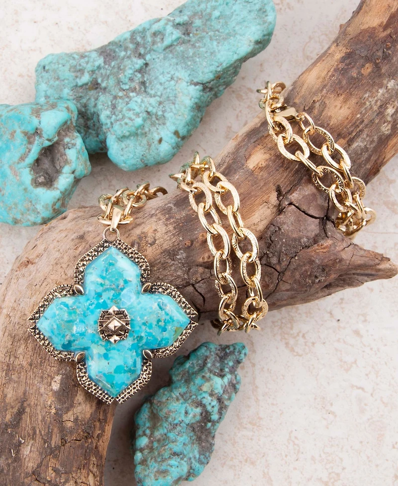 Barse Blue Turquoise Maltese Golden Cross Pendant Necklace