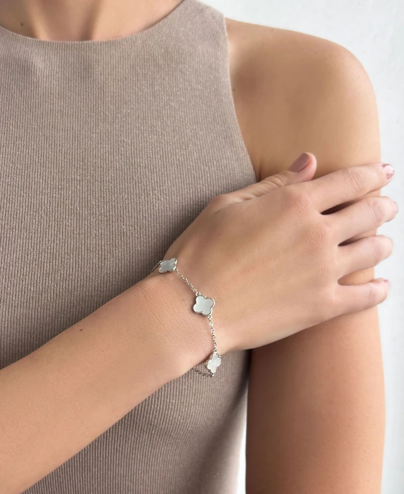 Adornia Silver Plated White Mother of Pearl Clover Station Bracelet