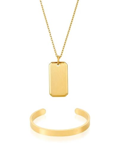 Adornia Men's Gold 2-Piece Dogtag Cuff Bracelet and Necklace Set