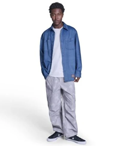 Converse Mens Collared Jersey Denim Shirt Box Logo Tee Paired With The Box Pattern Wide Leg Cargo Pants