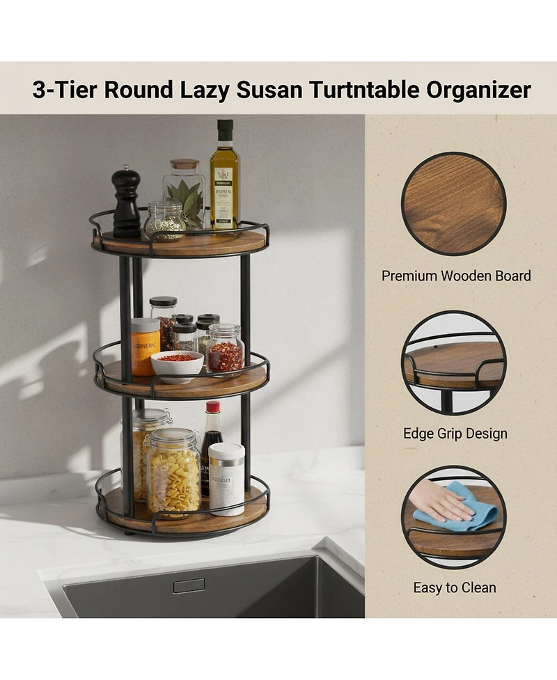 Yigii 12.2'' 3 Tier Wood Lazy Susan Turntable Organizer Spice Rack Kitchen Countertop Pantry Bathroom