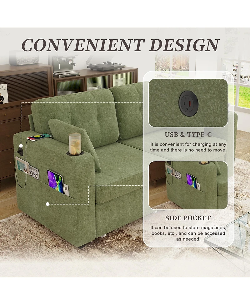 Rainsken Stylish Chenille Loveseat Sofa, 67 Inch 2-Seater Couch with Storage, Usb Charging and Cup Holders for Apartment and Living Room