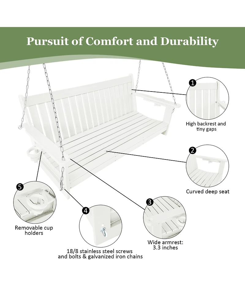 Mega Casa 3-Seater Hdpe Porch Swing 5 Ft Bench Swing with Foldable Cup Holders