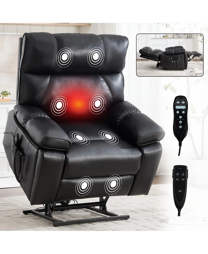 Maison Boucle Oversized Power Lift Recliner Chair for Elderly, Faux Leather Dual Motor Infinite Position with Massage, Heat, Remote & Cup Holders