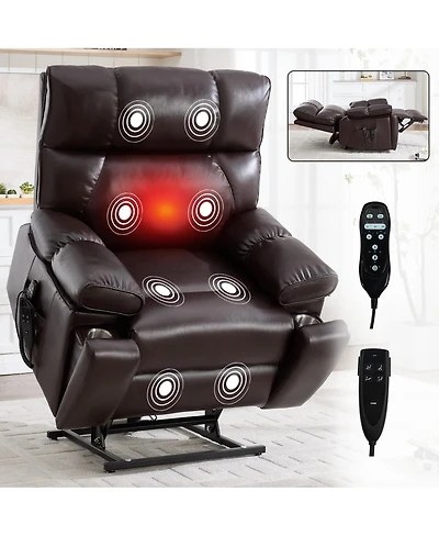Maison Boucle Oversized Power Lift Recliner Chair for Elderly, Faux Leather Dual Motor Infinite Position with Massage, Heat, Remote & Cup Holders