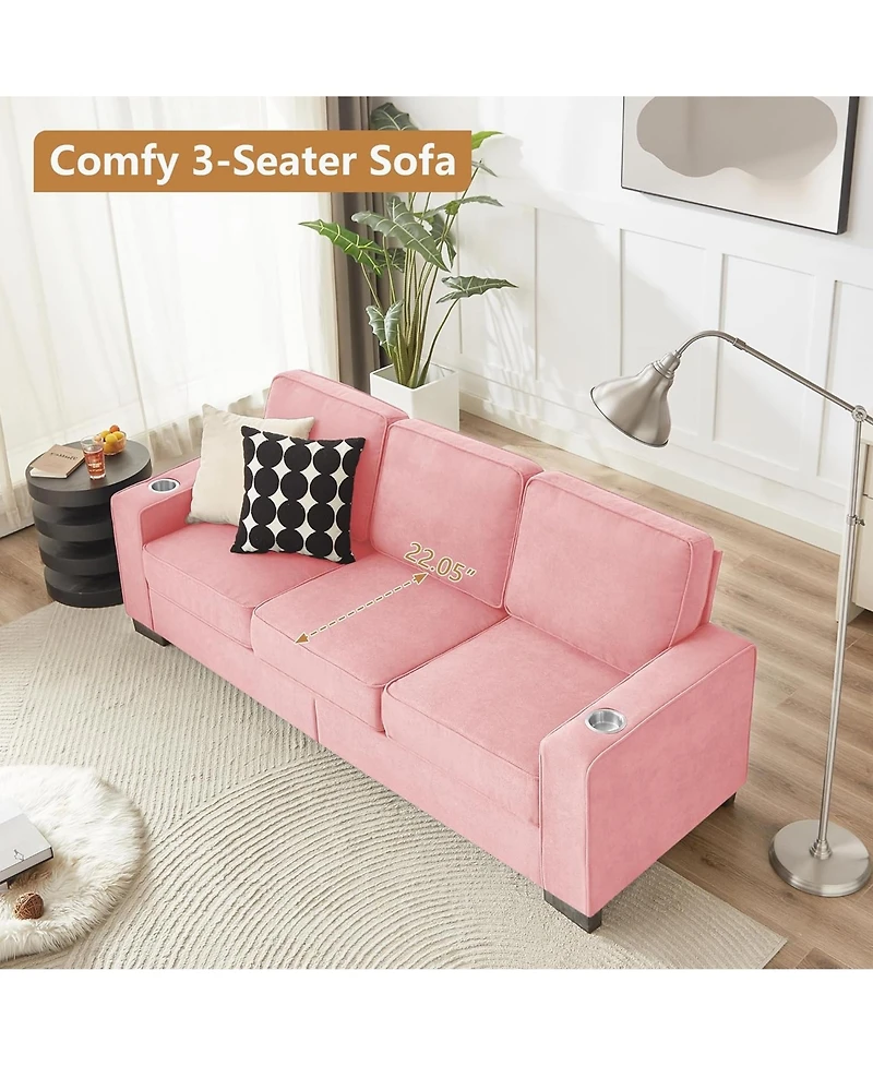 Rainsken Modern 3-Seater Sofa Couch, 83.86" Snowfleece Fabric Sofa, Comfy Compressed Couch with 2 Cup Holders for Living Room, Office