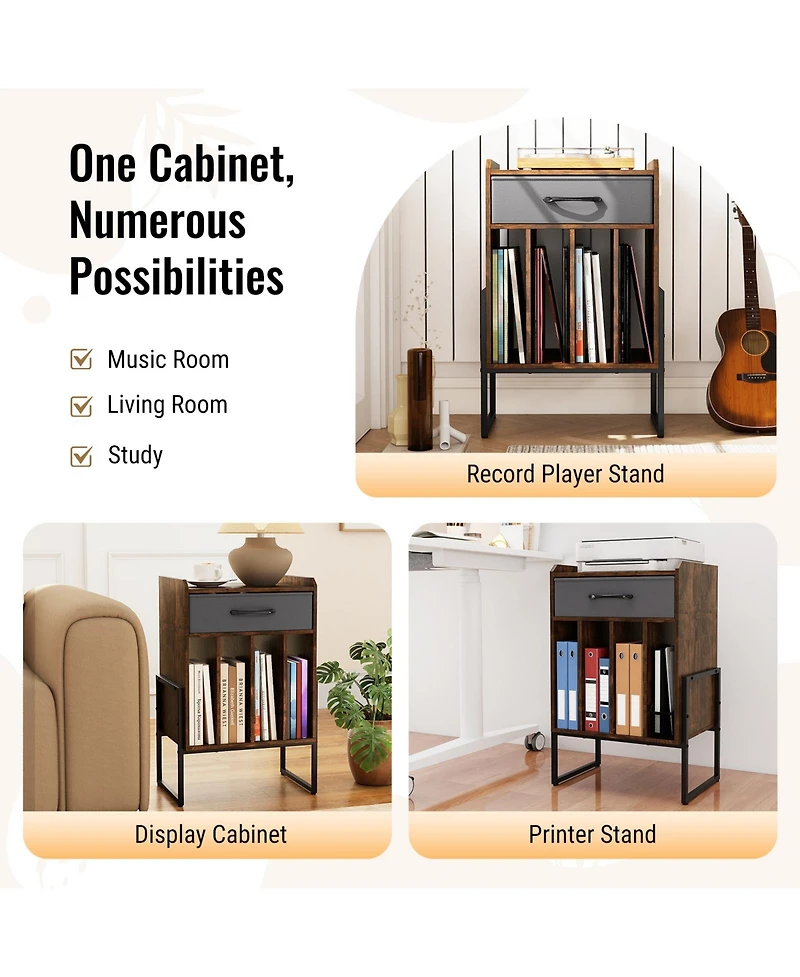Sugift Record Player Stand with Drawer and Record Holder-Rustic