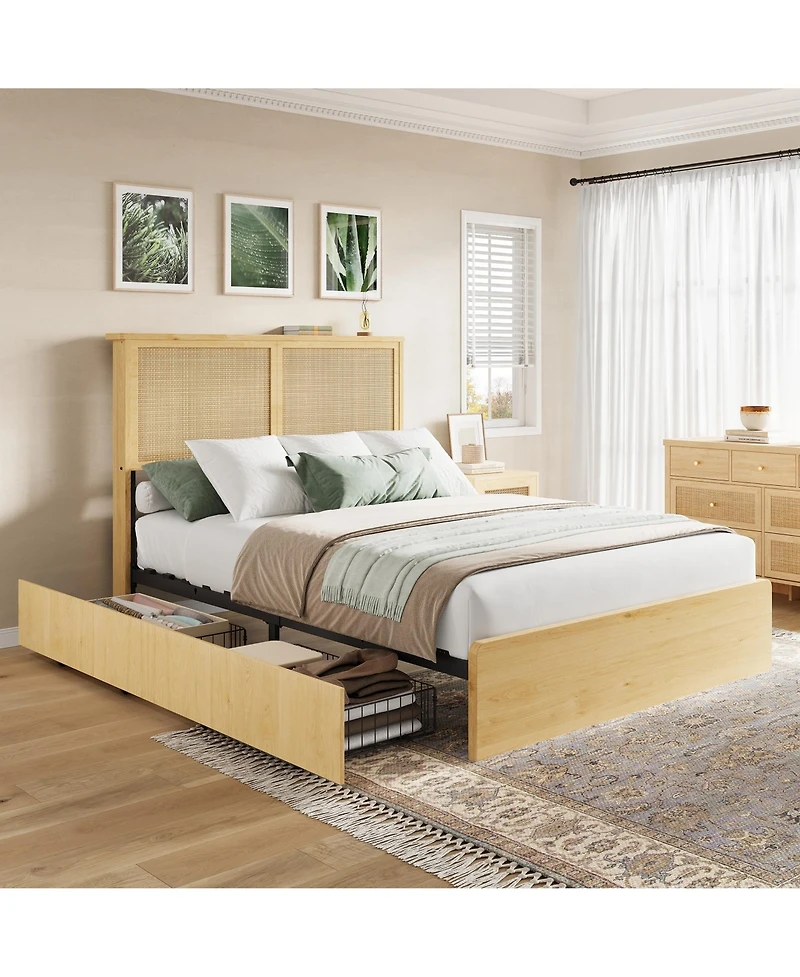 gaomon Bohemian Platform Bed Frame with Rattan Storage Headboard, Adjustable Led Lights, Wooden Support Legs, No Box Spring Needed