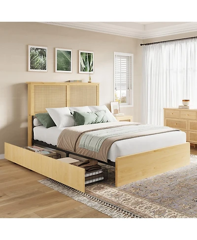 gaomon Bohemian Platform Bed Frame with Rattan Storage Headboard, Adjustable Led Lights, Wooden Support Legs, No Box Spring Needed