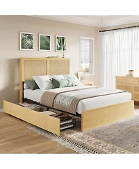 gaomon Bohemian Platform Bed Frame with Rattan Storage Headboard, Adjustable Led Lights, Wooden Support Legs, No Box Spring Needed